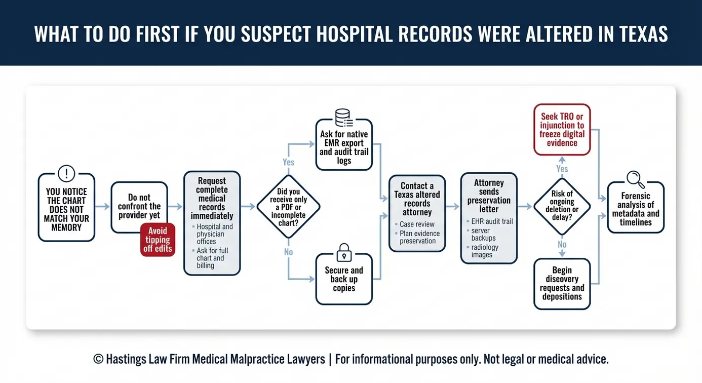 Diagrama de flujo que describe los pasos a seguir cuando se sospecha de la manipulación de registros, incluyendo la carta de preservación, la orden judicial provisional (TRO) y los pasos del registro de auditoría para un abogado especializado en casos de manipulación de registros hospitalarios según el principio Texas.