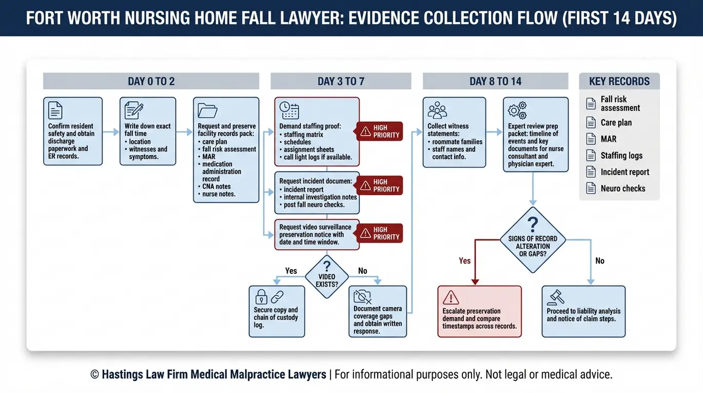 Process flowchart outlining how a Fort Worth Nursing Home Fall Lawyer preserves video staffing logs care plans and incident reports within the first 14 days after a nursing home fall.