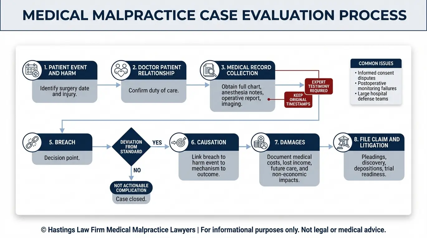 Diagrama de flujo para un abogado especializado en negligencia médica de cirujanos cardiotorácicos Texas, en el que se describen los pasos para presentar una demanda por negligencia en una cirugía cardíaca, incluyendo el incumplimiento del deber, el testimonio de expertos, la causalidad, los daños y perjuicios, y la presentación de la demanda.