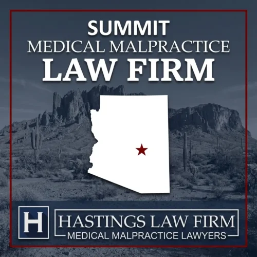 A landscape scene of Summit Arizona. A red star pinpoints the location where local Summit Medical Malpractice Lawyers have help injured patients. The Hastings Law Firm logo appears at the bottom.