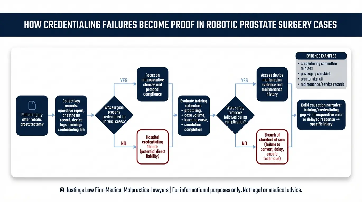 Diagrama de flujo que muestra cómo un abogado especializado en negligencias quirúrgicas de próstata en Austin relaciona los incumplimientos en la acreditación y las infracciones de protocolo con las pruebas de causalidad en un caso de cirugía robótica de próstata.