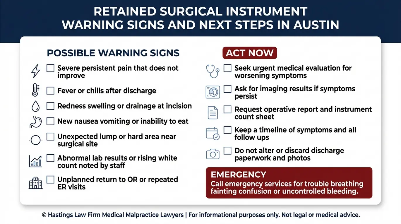 Lista de verificación de señales de alerta y medidas inmediatas relacionadas con instrumentos quirúrgicos olvidados, relevantes para la evaluación de un abogado especializado en negligencia médica posoperatoria de Austin.