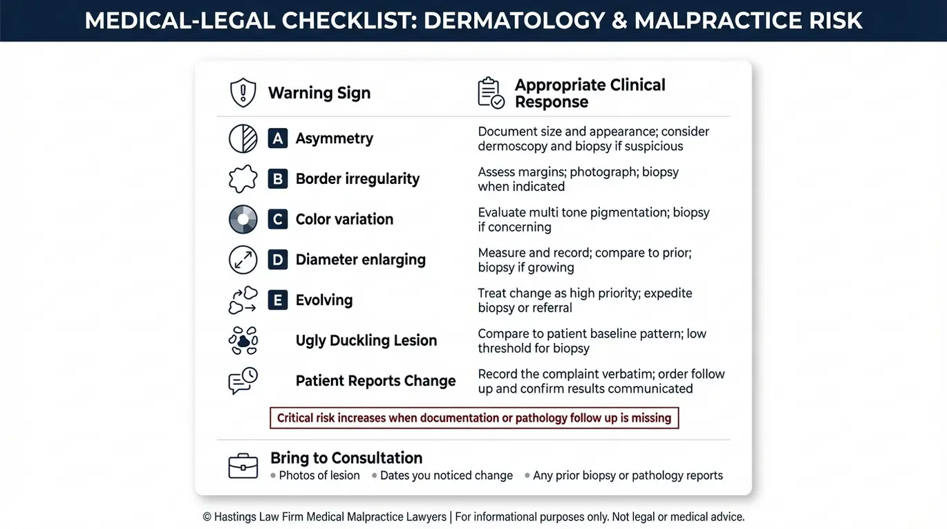 Lista de verificación de alerta para las investigaciones de abogados especializados en negligencia médica dermatológica en Arizona, que resume los signos del melanoma según el método ABCDE, además de las lesiones del «patito feo» y los cambios notificados por los pacientes, junto con las medidas correspondientes que debe tomar el médico, como la documentación, la dermatoscopia, la biopsia y el seguimiento patológico.