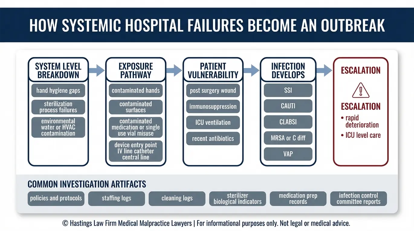 Process flowchart a Arizona Hospital Infection Lawyer uses to explain how systemic hospital negligence can lead to a healthcare associated infection and progress to sepsis.