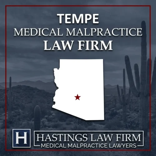 Los mejores abogados especializados en negligencia médica en Tempe, Arizona Una vista panorámica de Tempe, Arizona. Una estrella roja señala el lugar donde los abogados locales especializados en negligencia médica han ayudado a pacientes lesionados. El logotipo de Hastings Law Firm aparece en la parte inferior.