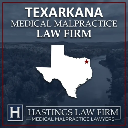 Los mejores Abogados de Negligencia Médica en Texarkana Texas Una escena de paisaje de Texarkana Texas. Una estrella roja señala el lugar donde los abogados locales especializados en negligencias médicas han ayudado a pacientes lesionados. Logo The Hastings Law Firm aparece en la parte inferior.