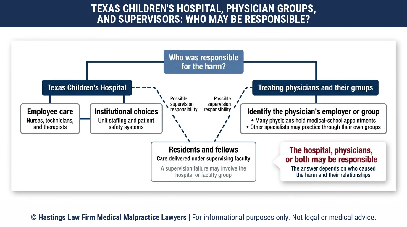Who a hospital malpractice attorney can hold liable when a doctor at Texas Children's Hospital is not a hospital employee.