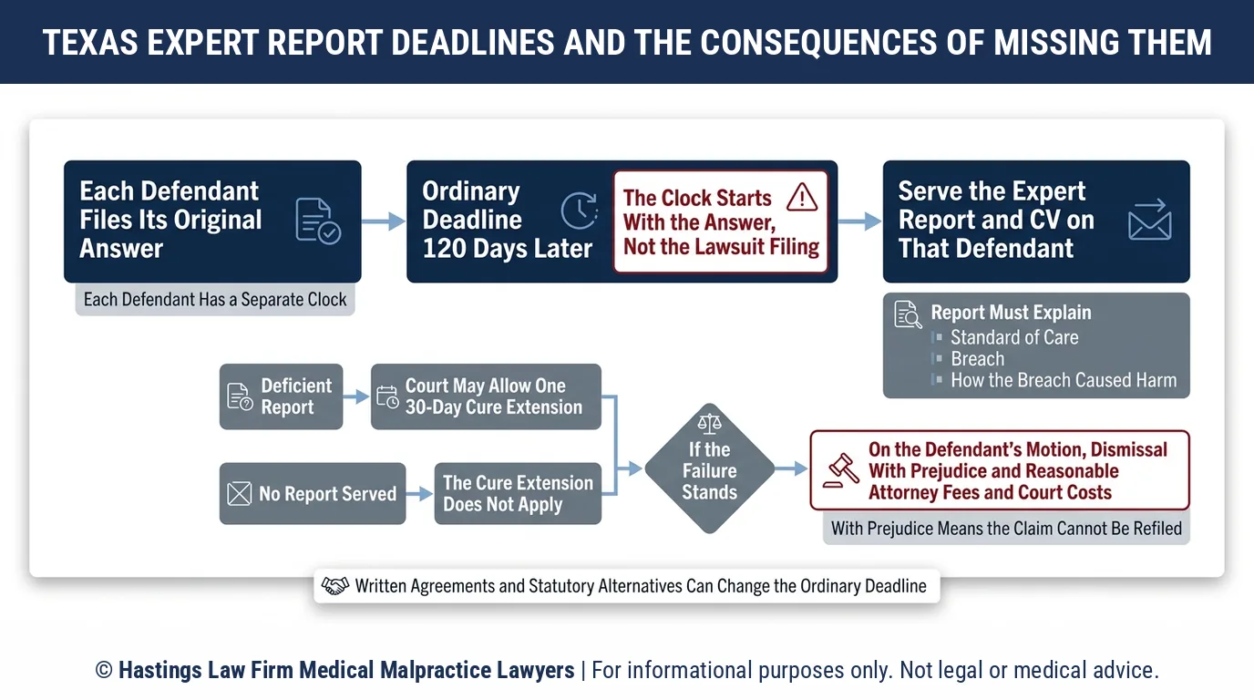 What happens to a claim if the expert report is late in the Texas medical malpractice lawsuit process.
