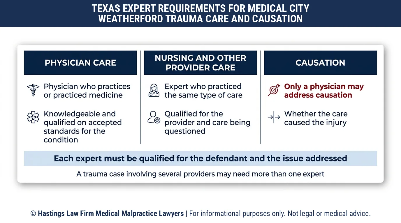 ¿Qué especialista médico calificado necesita un abogado de negligencia hospitalaria para demostrar un error en la sala de emergencias en el Medical City Weatherford?.