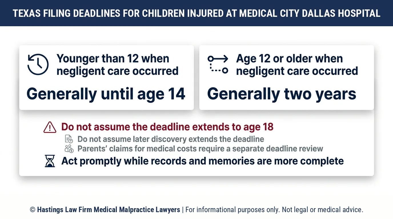 How long does my child have to file a claim against Medical City Dallas Hospital with a hospital negligence lawyer.