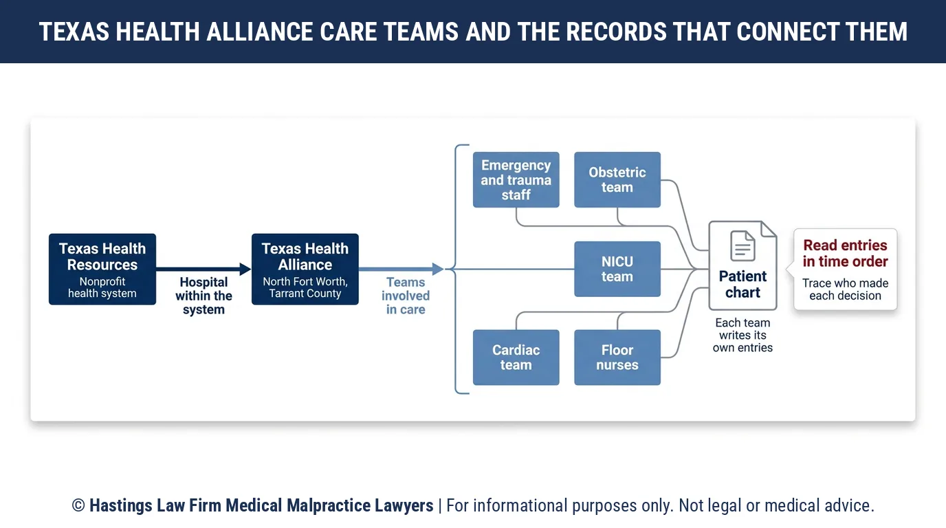 How a hospital malpractice attorney reads the chart entries from each care team at Texas Health Alliance in north Fort Worth.