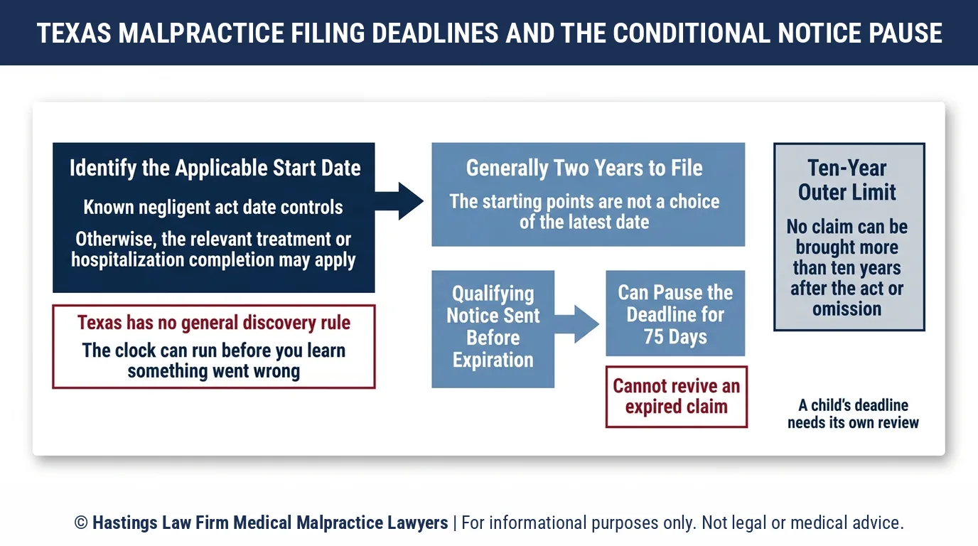 When does the filing clock start on a medical malpractice lawsuit in Texas and can notice pause it.