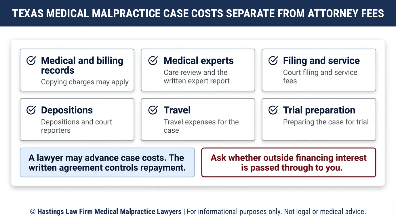 What case costs are charged on top of medical malpractice lawyer fees in Texas, like expert reports and filing fees.