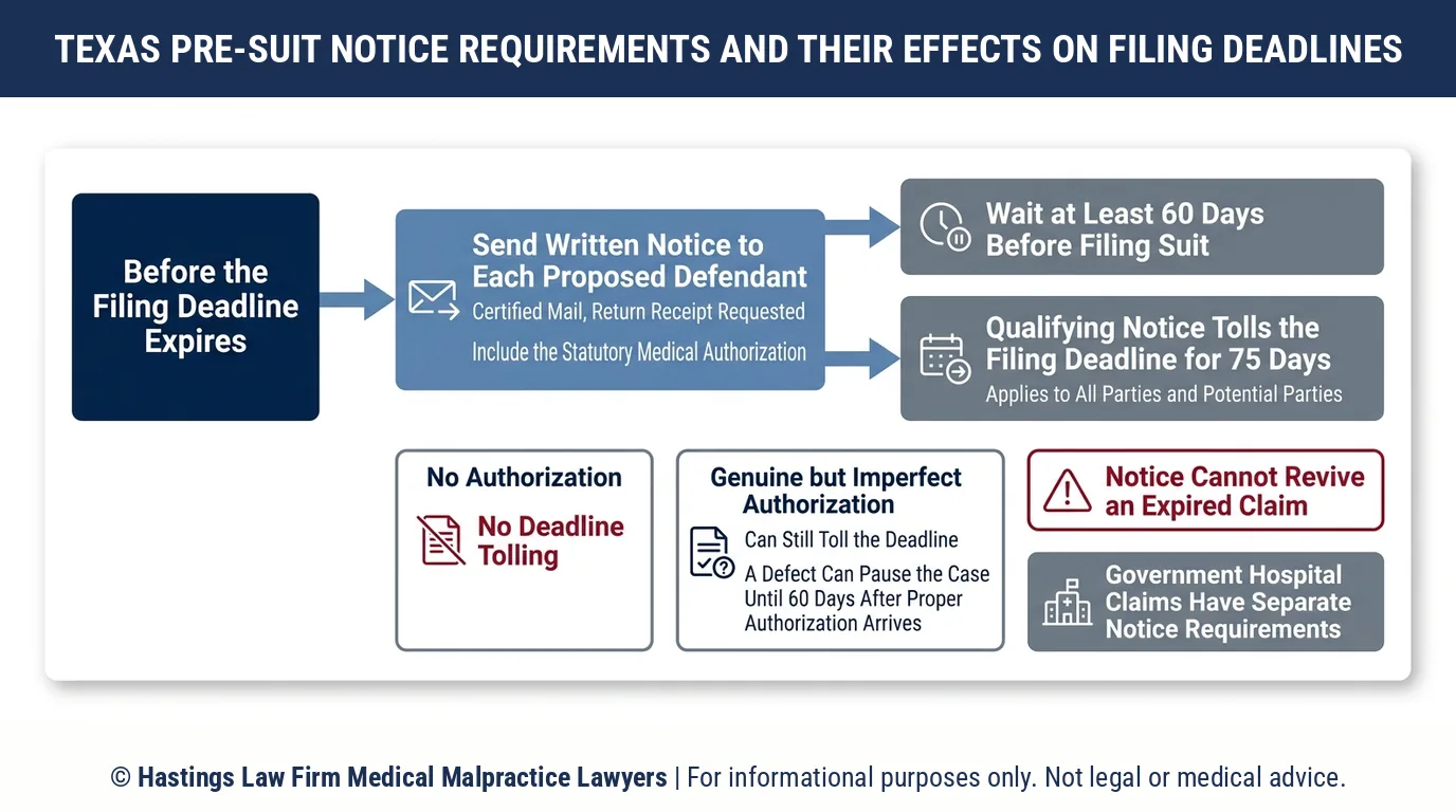 Does a notice letter sent before filing a medical malpractice lawsuit in Texas pause the two year filing deadline.