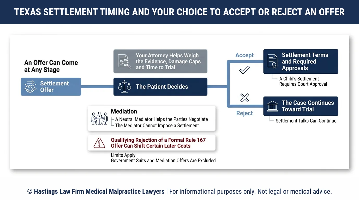 Can I turn down a settlement offer in a medical malpractice lawsuit in Texas and still go to trial.
