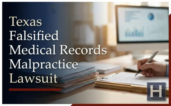 La mano de un profesional escribe en documentos legales rodeada de expedientes, lo que refleja la dedicación de un abogado especializado en negligencia médica por falsificación de expedientes médicos de Texas.