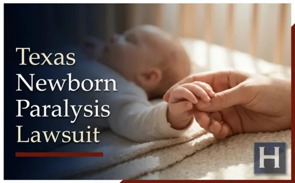 A sleeping newborn baby's tiny hand grasps an adult's finger on a soft blanket, reflecting the sensitive cases a Texas Newborn Paralysis lawyer handles.