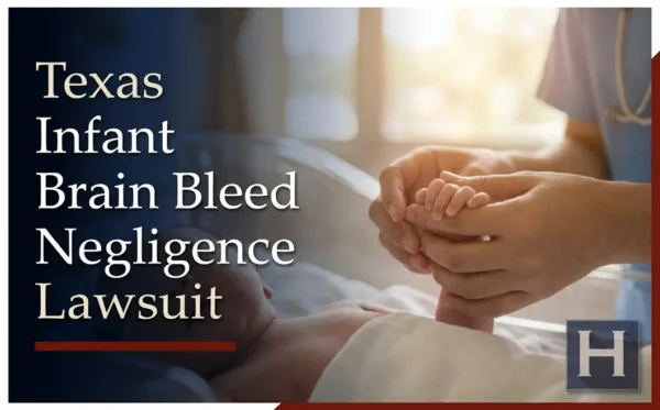 An adult in medical scrubs gently holds a newborn's tiny hand and foot in a hospital setting with warm light, underscoring the potential need for a Texas Infant Brain Bleed Negligence lawyer.