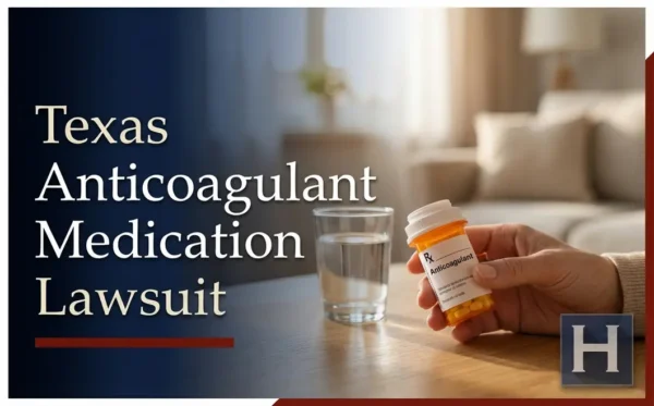 A hand holds an anticoagulant medication bottle and a glass of water on a table, illustrating potential concerns for those needing a Texas Anticoagulant Medication lawyer.