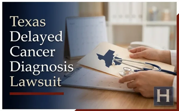 Las manos de un profesional revisan un documento con un mapa Texas, un estetoscopio y un calendario cercano, ilustrando el trabajo de un abogado de Texas Diagnóstico de Cáncer Retrasado.