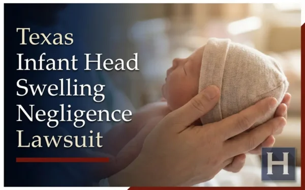 Adult hands gently hold a newborn baby, underscoring the importance of a Texas Infant Head Swelling Negligence lawyer.