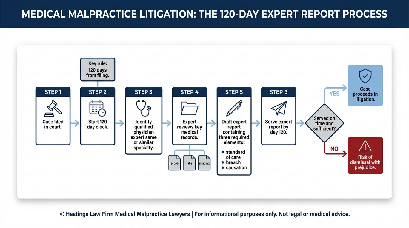 Diagrama de flujo del proceso que muestra los pasos del requisito del informe pericial del capítulo 74 del Texas y el plazo de 120 días que debe gestionar un abogado especializado en la falta de diagnóstico del Texas en un pleito por falta de diagnóstico.