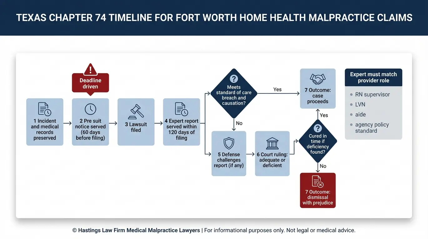 Flowchart timeline outlining Texas Chapter 74 notice and expert report steps relevant to a Fort Worth Home Health Care Provider Malpractice Lawyer case.