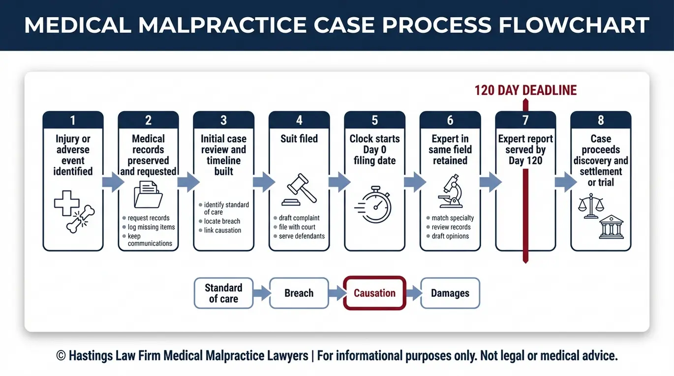 Process flowchart of Texas Chapter 74 steps and the 120 day expert report requirement relevant to a Texas Hospital Malpractice Lawyer claim.