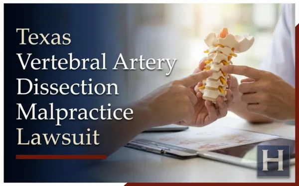 Two professionals review a spinal model, highlighting Texas Vertebral Artery Dissection Malpractice concerns for those seeking a lawyer.
