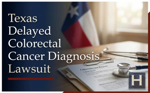 Un informe de colonoscopia y un estetoscopio yacen sobre un escritorio frente a una bandera borrosa de Texas, lo que pone de relieve la experiencia de un abogado especializado en diagnósticos tardíos de cáncer colorrectal de Texas.