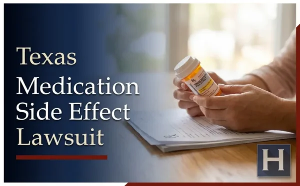 Las manos de una persona sostienen un frasco de pastillas recetadas y unos documentos sobre una mesa, lo que refleja las inquietudes que aborda un abogado especializado en efectos secundarios de medicamentos Texas.