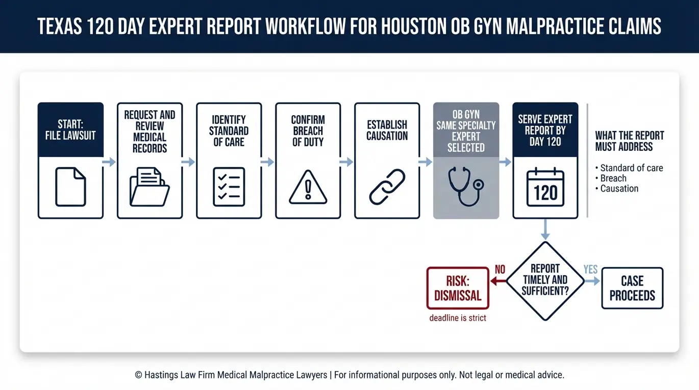 Flowchart showing the Texas 120 day expert report steps and dismissal risk in a Houston OB-GYN Malpractice Lawyer case.