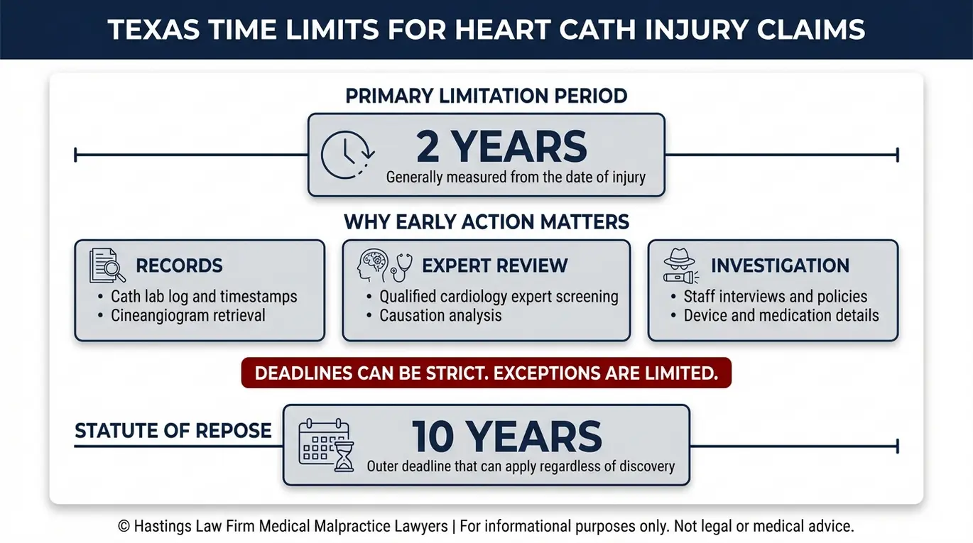 Timeline infographic summarizing Texas cardiac malpractice statute of limitations and repose for readers considering a Texas Cardiac Catheterization Complications Lawyer.