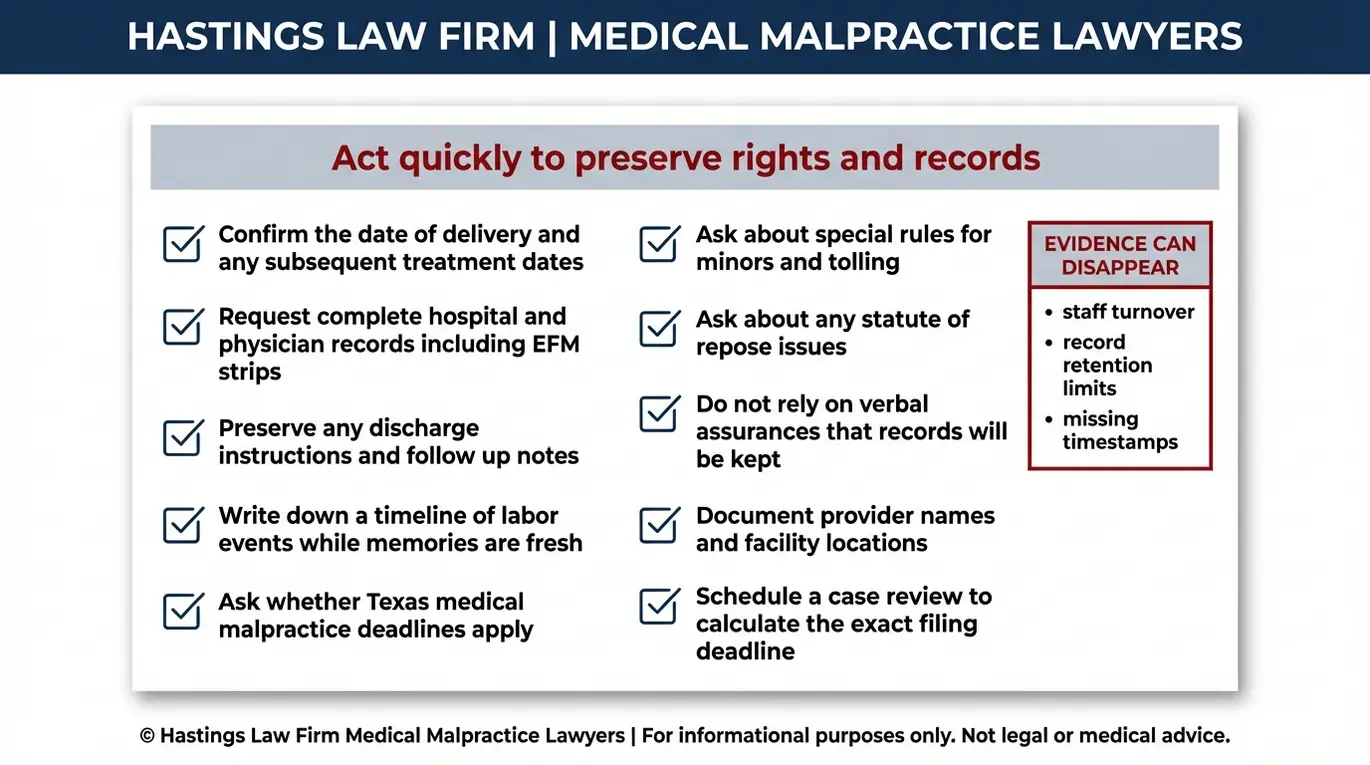 Warning checklist for Texas nuchal cord malpractice attorney deadlines covering statute of limitations tolling for minors statute of repose and steps to preserve fetal monitoring and hospital records.