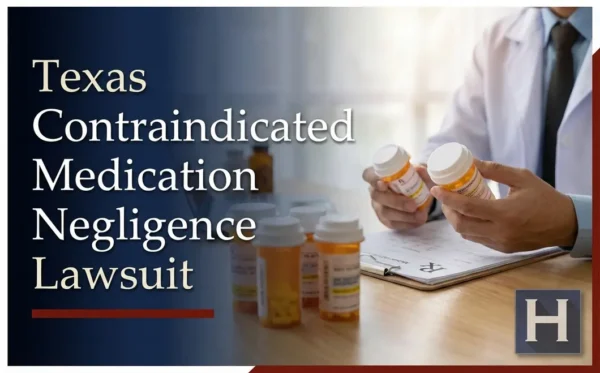 Un profesional con bata blanca sostiene dos frascos de medicamentos recetados y examina sus etiquetas sobre un escritorio con un portapapeles, lo que ilustra la necesidad de contar con un abogado especializado en negligencia por medicamentos contraindicados de Texas.
