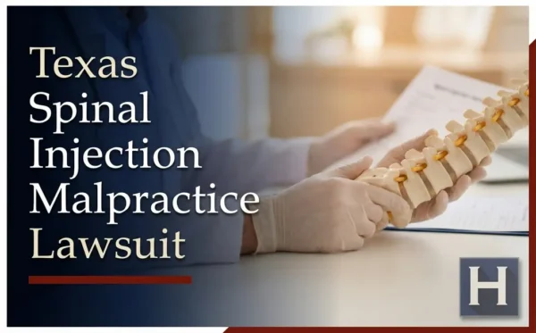 A professional in white gloves holds a spine model and reviews a document, illustrating the work of a Texas Spinal Injection Malpractice lawyer.