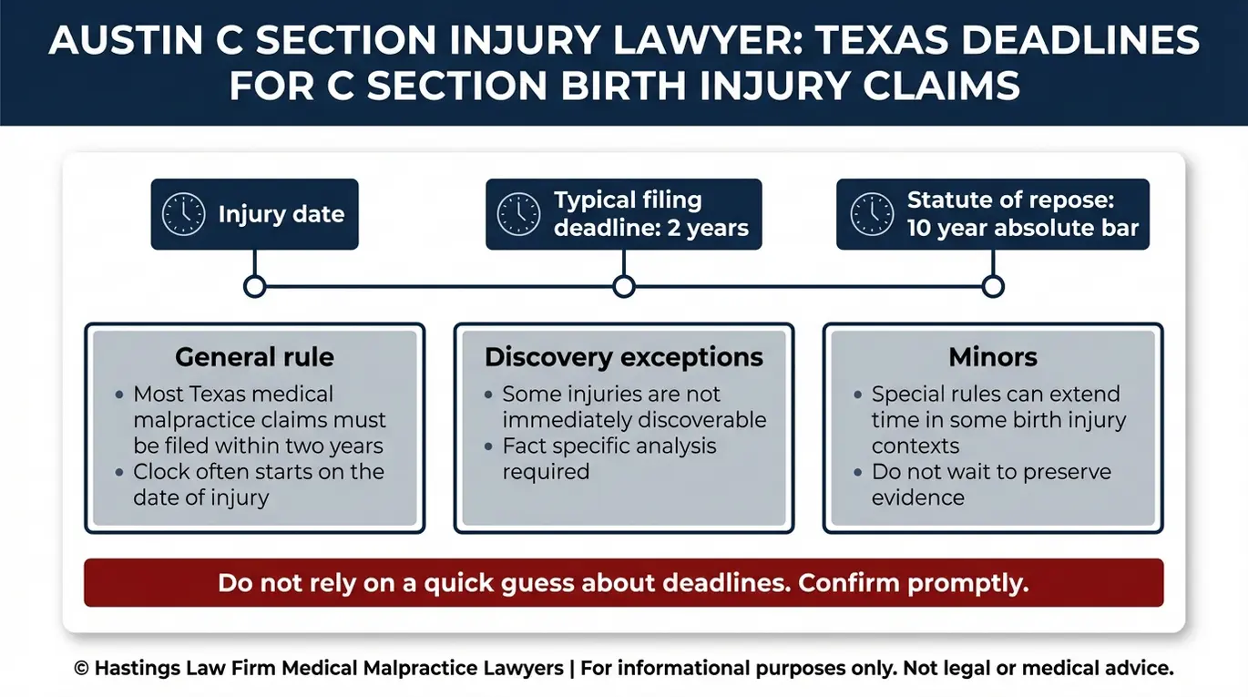 Infografía de datos elaborada por un abogado especializado en lesiones por cesáreas de Austin, en la que se muestra un calendario de plazos de presentación según el principio «Texas», con un plazo de prescripción de dos años y un plazo de caducidad de diez años, así como notas clave sobre las excepciones en la presentación de pruebas y las normas relativas a los menores.