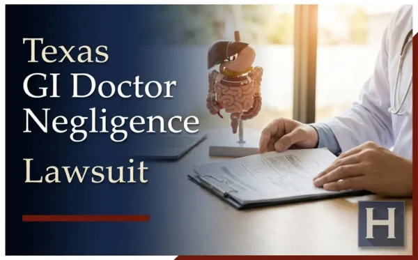Un médico revisa la documentación de un paciente junto a un modelo de órgano gastrointestinal, lo que pone de manifiesto los riesgos de negligencia médica en el ámbito gastrointestinal, para los que se puede consultar a un abogado especializado en Texas.