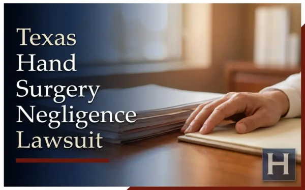 La mano de una persona descansa sobre una pila de expedientes y una carpeta sobre un escritorio, lo que ilustra el trabajo de un abogado especializado en negligencia en cirugía de la mano de Texas al examinar los documentos de un caso.