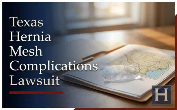En un escritorio profesional se ven documentos, un mapa de Texas y una muestra de malla para hernias, lo que ilustra el análisis detallado que ofrece un abogado especializado en complicaciones de las mallas para hernias de Texas.
