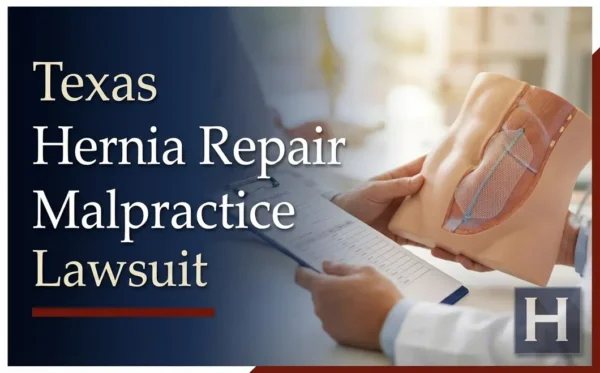 Un profesional de la salud sostiene un modelo anatómico de una hernia y un portapapeles, lo que refleja la detallada evidencia médica que evalúa un abogado especializado en negligencia médica en la reparación de hernias Texas.