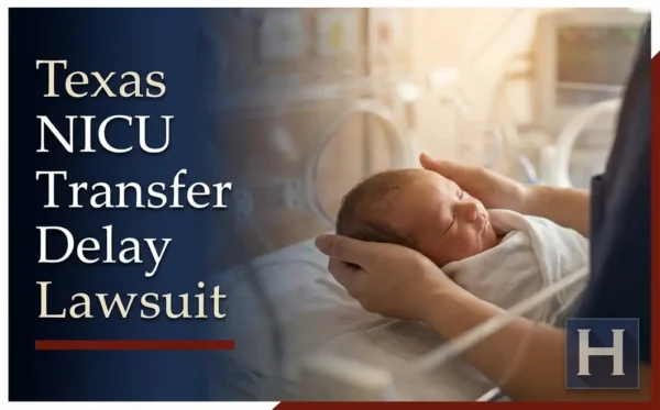 Adult hands gently hold a sleeping newborn baby in a NICU incubator setting, illustrating concerns for families in Texas seeking a NICU Transfer Delay lawyer.