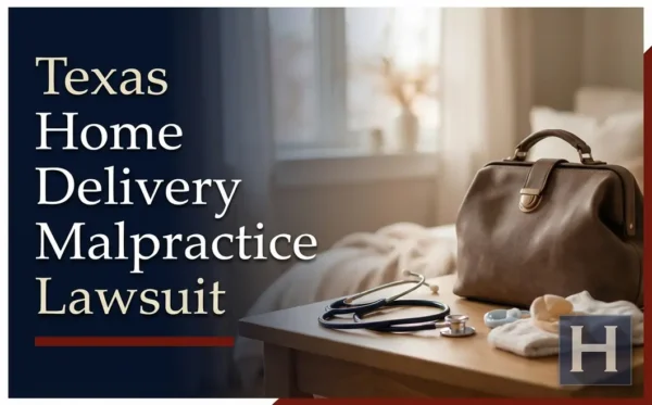 A doctor's bag, stethoscope, and baby items are neatly placed on a wooden table, illustrating the work of a Texas Home Delivery Malpractice lawyer.