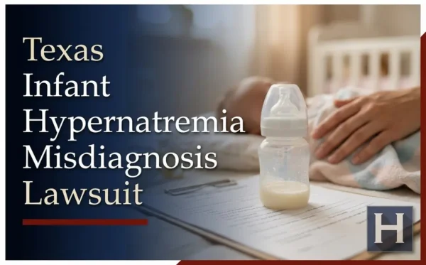An adult hand gently comforts a sleeping infant next to a baby bottle and papers, illustrating potential Texas Infant Hypernatremia Misdiagnosis concerns for families needing a lawyer.