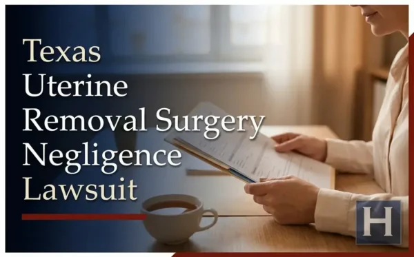 A person with a calm expression reviews papers in a folder at a bright desk with a cup of tea, illustrating the focus of a Texas Uterines Removal Surgery Negligence lawyer.