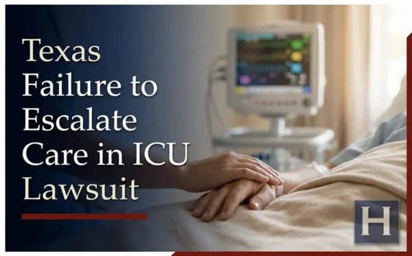 A supportive hand rests on a patient's arm in an ICU room with a monitor, illustrating how a Texas Failure to Escalate Care in ICU lawyer advocates for clients.