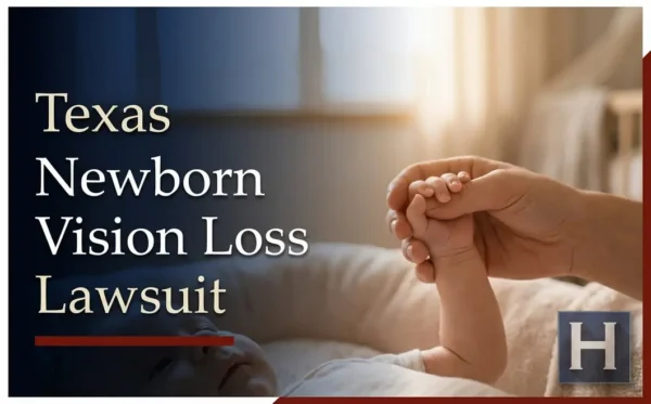 An adult's hand gently holds a baby's small hand in soft light, reflecting concerns a Texas newborn vision loss lawyer understands.