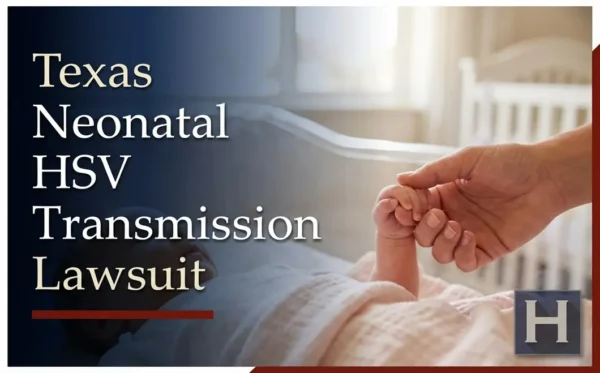 A newborn baby's hand holds an adult's finger, illustrating the need for a Texas Neonatal HSV Transmission lawyer.