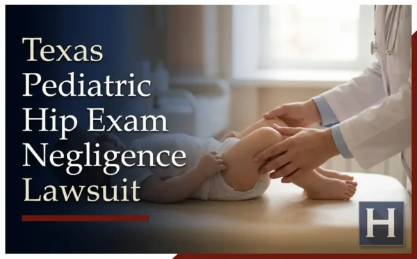 A doctor in Texas gently examines an infant's hips on an exam table, underscoring the role of a lawyer in cases of Pediatric Hip Exam Negligence.