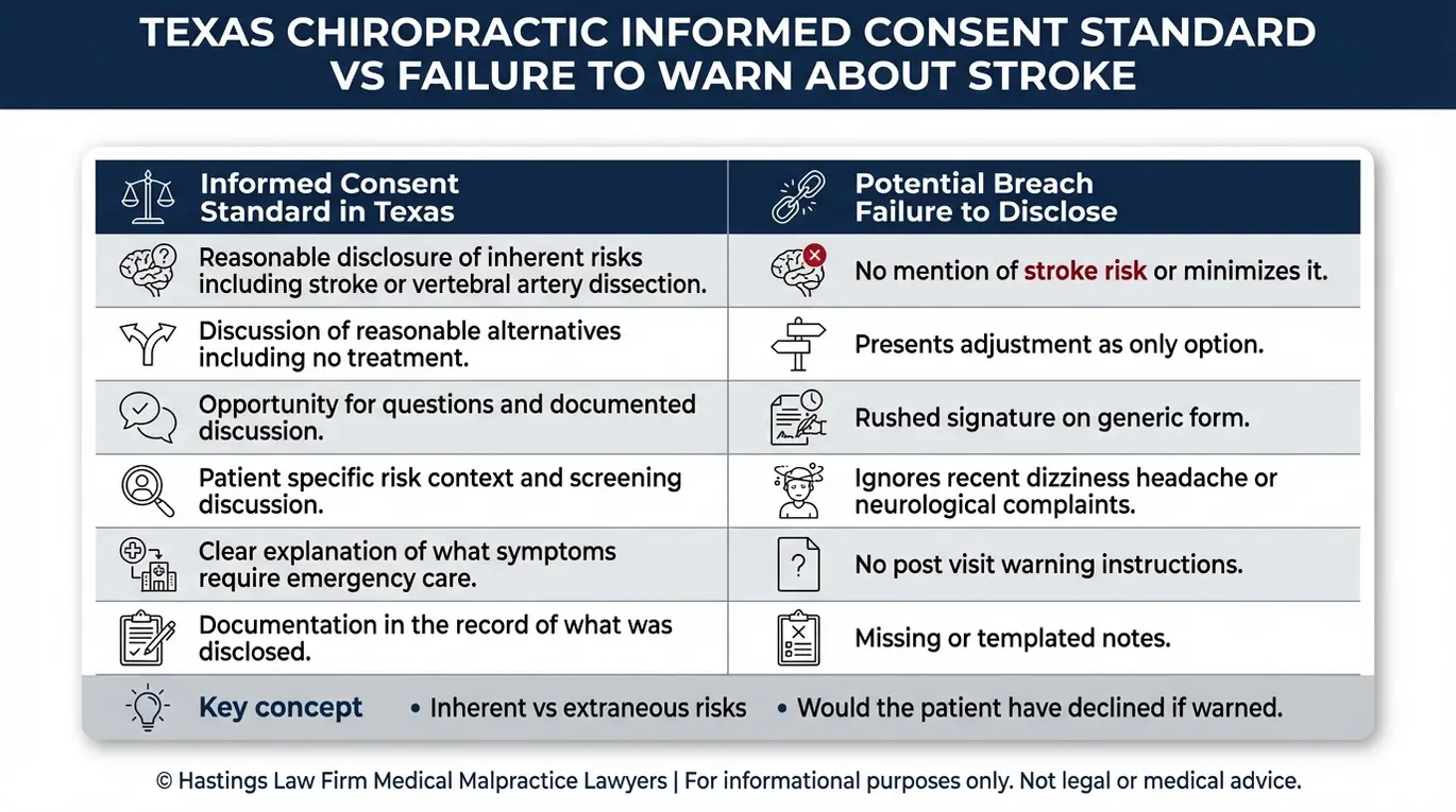 Comparison chart outlining Texas chiropractic informed consent duties versus failure to warn about vertebral artery dissection and stroke risks for a Texas Chiropractic Stroke Lawyer claim.